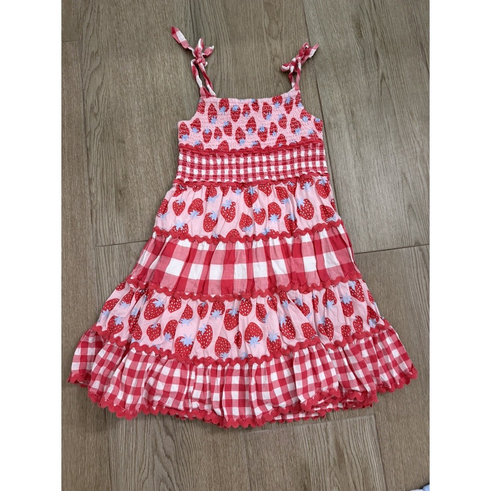 Crown & Ivy Kids Girls Pink Strawberry Ruffle Tiered Bow Straps Sun Dress Small